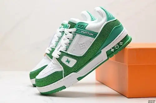 Green and white louis vuitton sneakers with a textured upper, metallic accents, and signature branding.