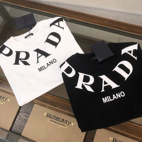 Prada printed short-sleeved t-shirt in black and white with bold Milano graphics