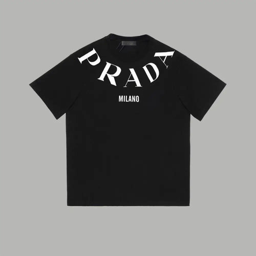 Black Prada printed short-sleeved t-shirt with bold white Milano lettering