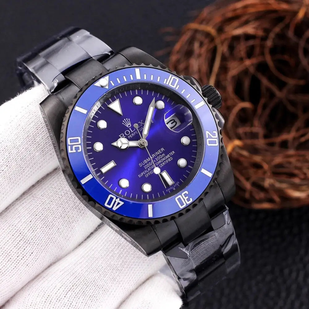 Sleek Rolex Submariner 41mm black ceramic watch with blue dial, combining Swiss precision