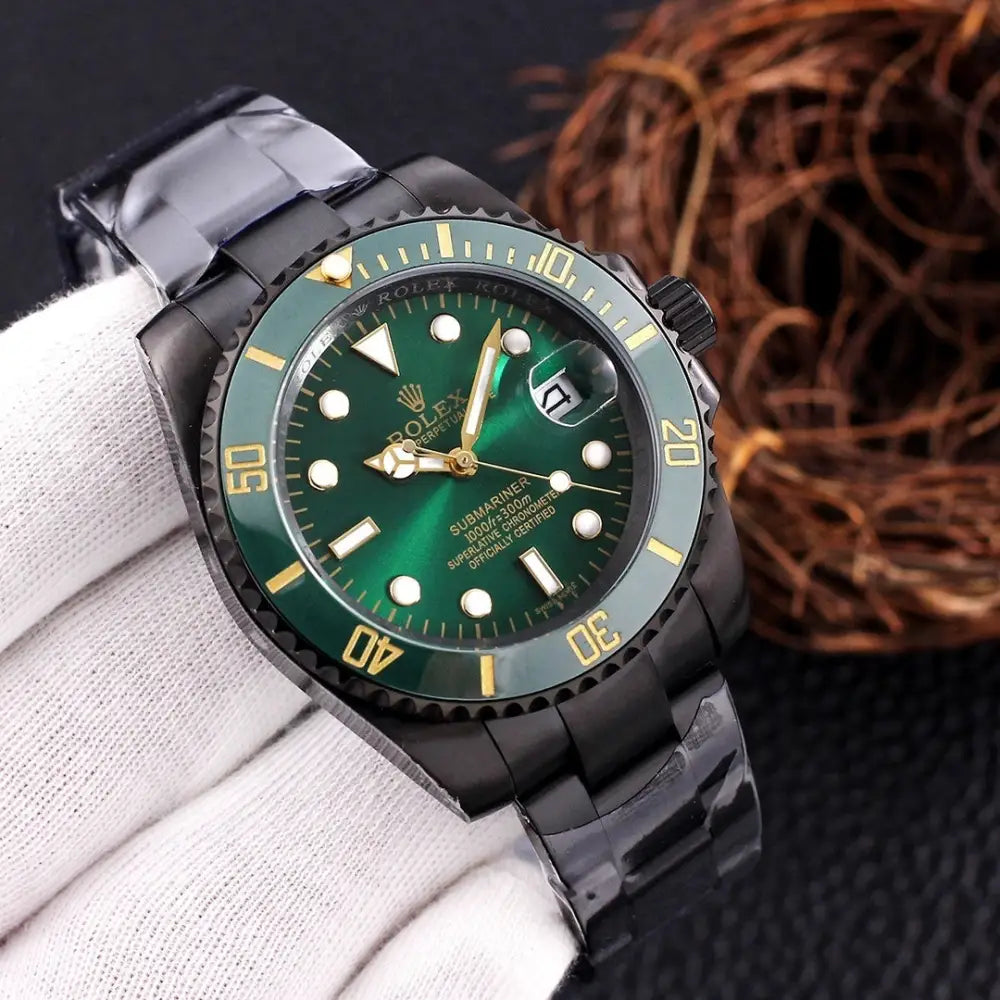 Rolex Submariner 41mm black ceramic watch with green dial and gold accents, combining Swiss precision
