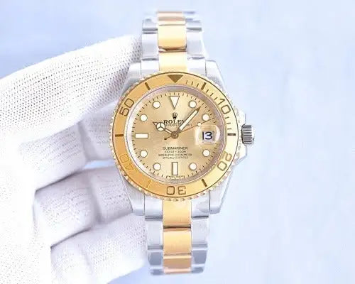 A two-tone gold and silver rolex submariner watch with a champagne-colored dial, diamond hour markers, and a matching bezel.