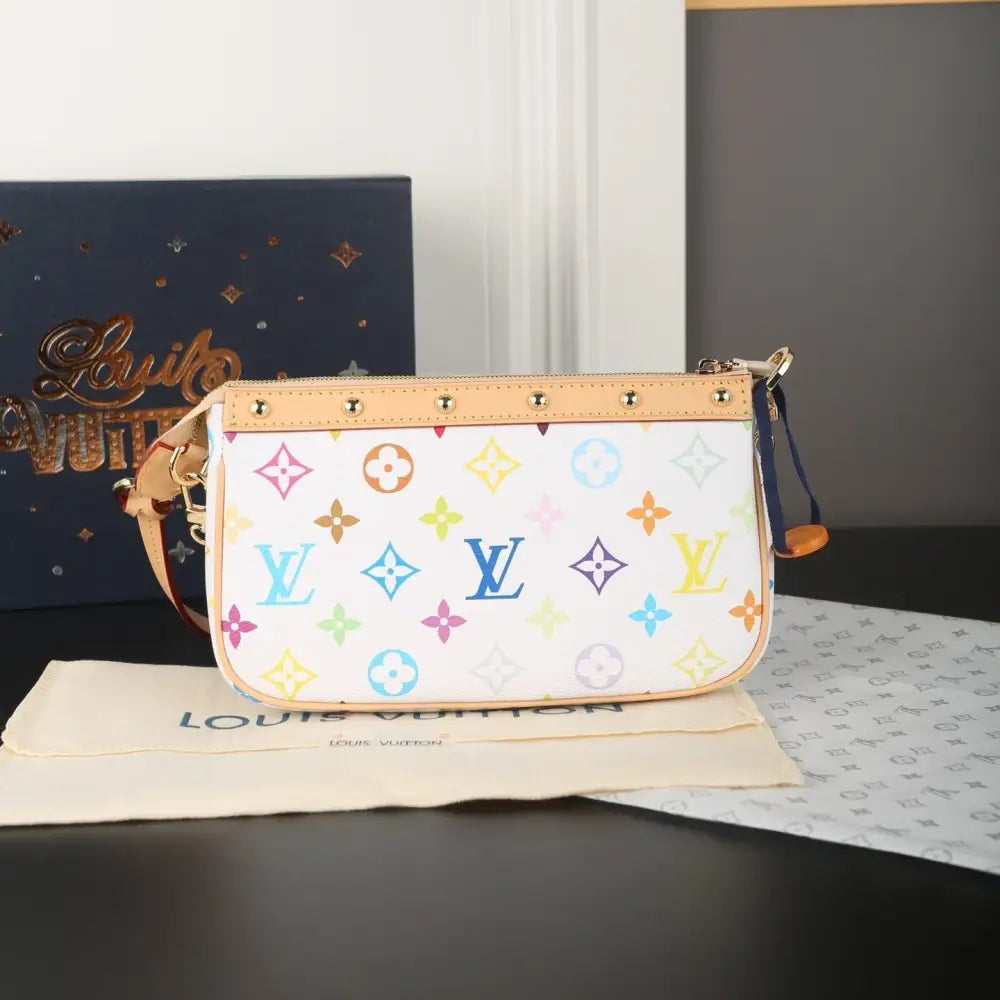 White Takashi Murakami Pochette with colorful monogram pattern