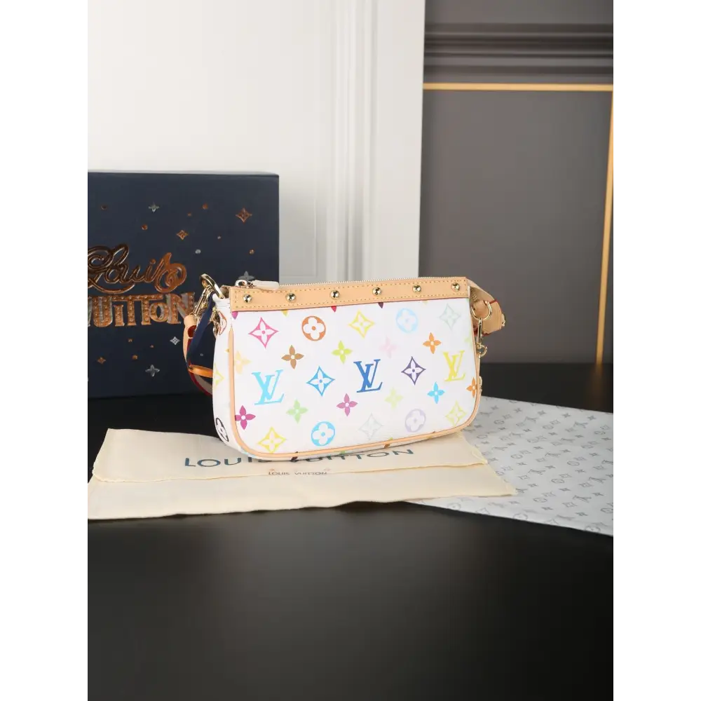 White Takashi Murakami pochette with colorful monogram and tan trim